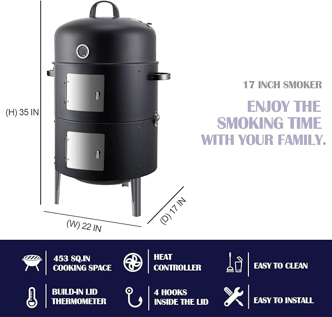 Realcook Vertical Charcoal Smoker Grill: Premium Meat BBQ Smokers with Thermometer - Charcoal Barbecue Grill Combo for Patio Backyard Grilling Outdoor Cooking Tailgating