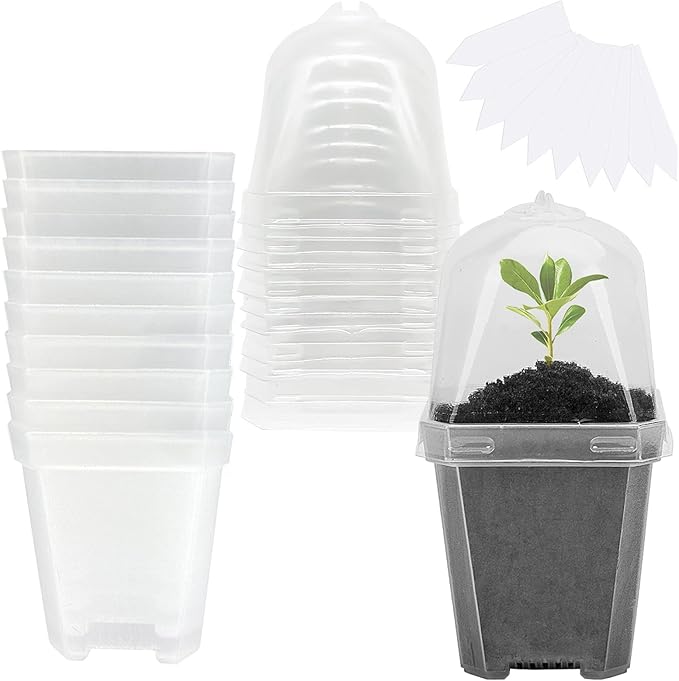 EBaokuup 10PCS Clear Plant Nursery Pots with Humidity Dome - 3" Plastic Gardening Pot with Labels, Durable Plastic Plant Container for Seedlings/Vegetables/Succulents/Cuttings