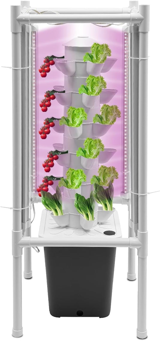 Hydroponics Growing System Kit, 6 Layers 30 Holes Indoor Gardening System Vertical Planter Germination Kit w/Water Pump, Hydroponic Natural Balanced Tower System for Chilies, Mint (Gray)
