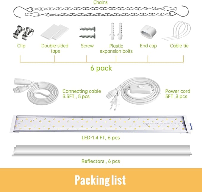 LED Grow Lights 1.4FT for Indoor Plants Full Spectrum, 660nm Hanging Grow Light 3600K, Led Plant Grow Lights for Indoor Plants, Grow Lamp with Reflectors 108W(6×18W), 6 Pack