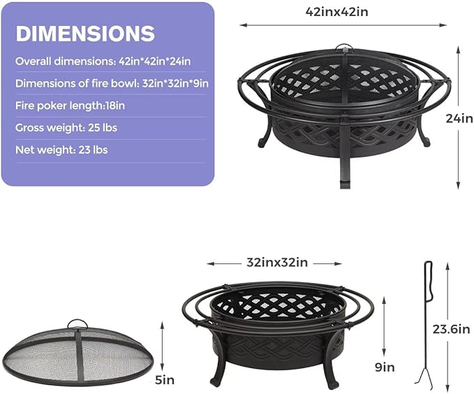 42 Inch Outdoor Fire Pit with 2 Loops,Crossweave Wood Burning Fire Pits for Outside,with Spark Screen,Fire Poker,Round Metal Firepit for Patio,Backyard,Beach,Camping,Bonfire(42''Black)
