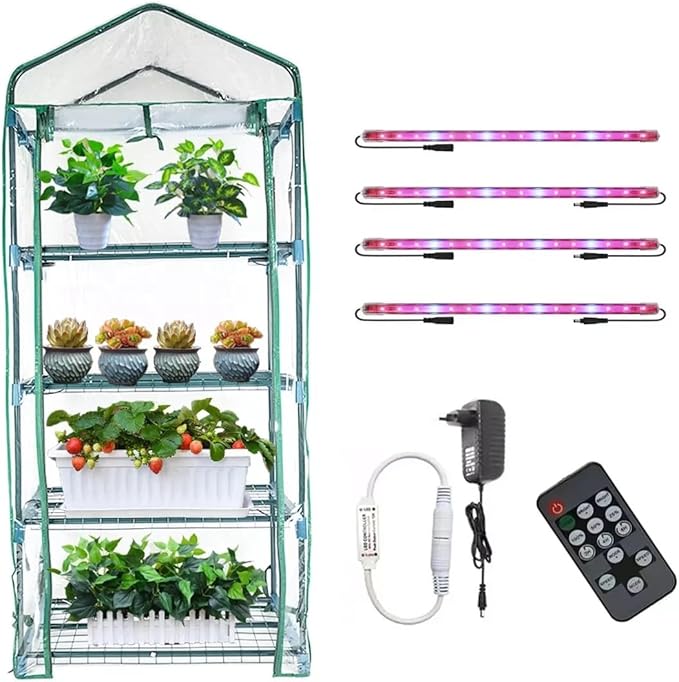 Mini Greenhouse with Grow Light , 4 Tier 27.2" L×19.9" W×61.8" H Portable Greenhouse with Zippered PVC Cover for Seed Starting Trays , Dimmable 2ft 60W Plant Light for Indoor Plant with Timer