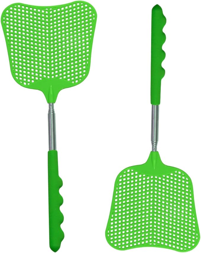Fly Swatters 2 Pack Green, Durable Telescopic Stainless Steel Handle, Heavy Duty Upgraded Plastic Fly Swatter Set for Indoor Outdoor Home Hiking Camping Garden