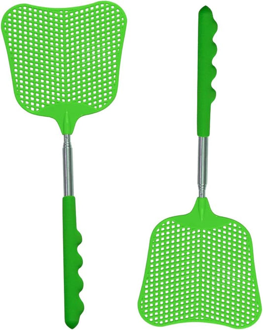 Fly Swatters 2 Pack Green, Durable Telescopic Stainless Steel Handle, Heavy Duty Upgraded Plastic Fly Swatter Set for Indoor Outdoor Home Hiking Camping Garden