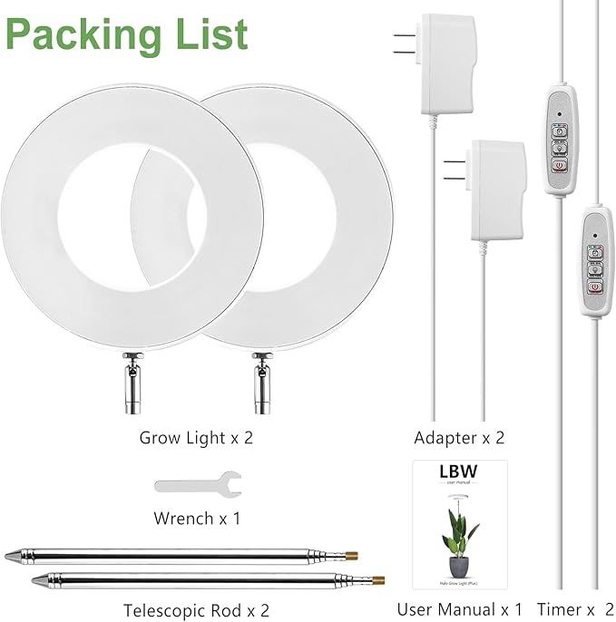 LBW Grow Lights for Indoor Plants, 144 LEDs Full Spectrum Plant Light, Large Plant Lamp with 4 Dimmable Levels, 4/8/12H Auto Timer, Height Adjustable, Halo Growing Lamp for Tall Plants, 2 Pack
