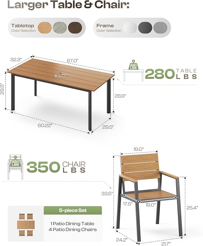 67" Rectangle HDPS Patio Dining Table, Aluminum Outdoor Patio Dining Table with Umbrella Hole, Weather-Resistant for Lawn, Garden, Yard, Poolside and Indoor Use, Gray & Teak