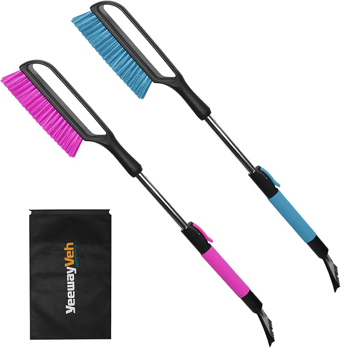 YeewayVeh 35 inch Snow Brush and Ice Scraper, 2 Pack Extendable Car Snow Scraper and Brush with Soft Grip & Additional Handhold, Scratch-Free Windshield Scraper for Ice and Snow, Magenta & Lake Blue