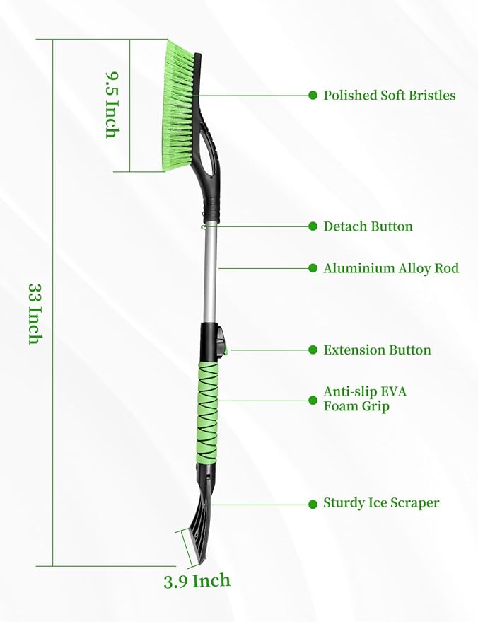 HEEYA Ice Scraper and Brush for Car, Extendable Snow Brush and Ice Scraper for Car Windshield Window, Car Snow Scraper and Brush with Foam Grip for SUV Truck Automobile Vehicle - Green