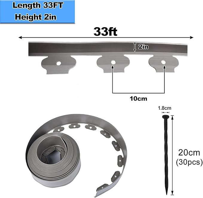 Garden Edging Border,33ft Landscape Edging Garden Borders Edging【2INCH Hight】 Paver Edging Include 30 Stakes, Flexible Lawn Edging Border for Yard, Lawn, Gardens (Grey)