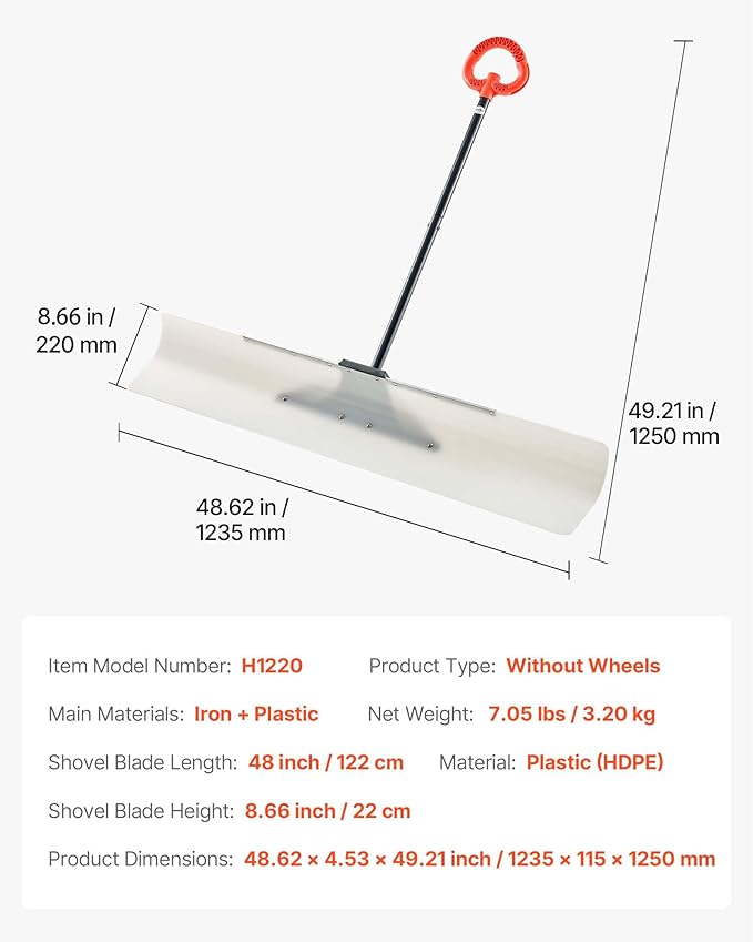 VEVOR Snow Pusher, 48 inch Wide Push Snow Shovel Plow for Driveway, Sidewalks and Doorways with Segmented Handle, Ergonomic Grip and HDPE Plastic Blade