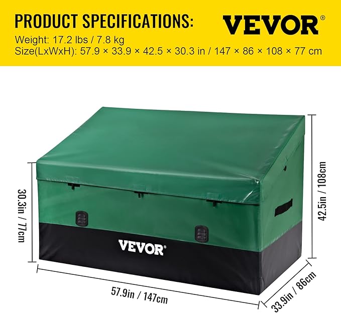 VEVOR Outdoor Storage Box, 230 Gallon Waterproof PE Tarpaulin Deck Box w/Galvanized Frame, All-Weather Protection & Portable, for Camping, Garden, Poolside, and Yard, Black & Green