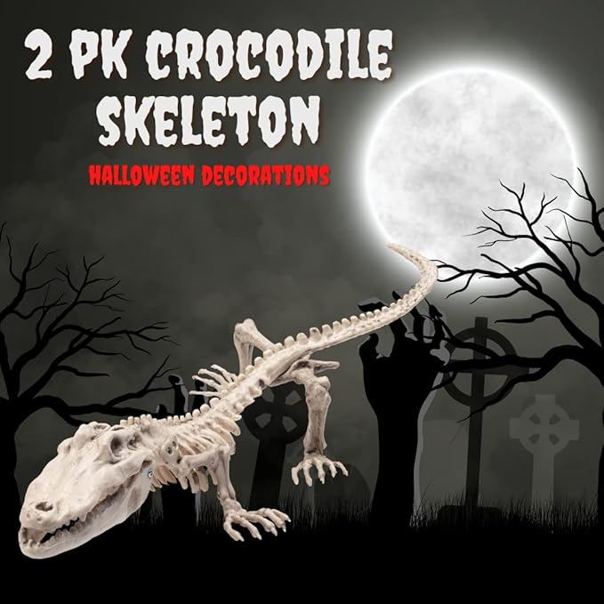 Crocodile Skeleton Halloween Decoration (2 Pack) 20" Long- Weather Resistant for Indoor Outdoor Use- Upgrade Your Fall Lawn Graveyard Haunted House Cemetery Party Props, Spooky Trick or Treating Decor