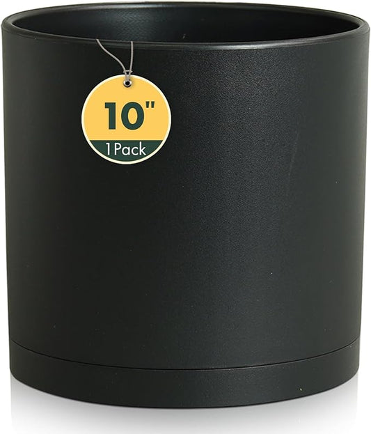 Cylinder 10 inch Plant Pots, Mordern Plastic Planters with Drainage Holes and Saucers for Indoor Outdoor Plants Flowers, Black