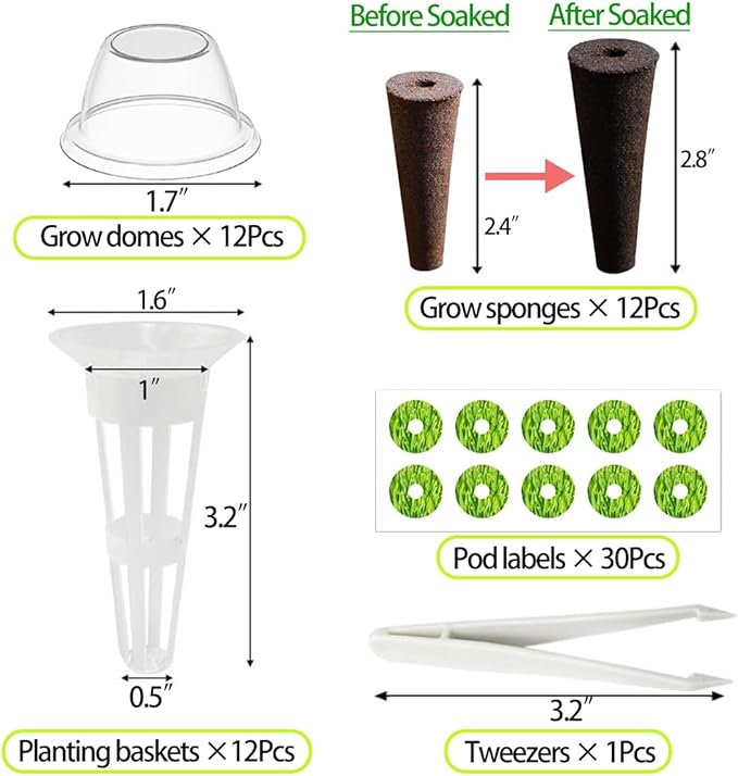 67 Seed Pod Kit for Aerogarden, Hydroponics Accessories for System Compatible with Hydroponics Supplies from All Brands, 12 Grow Sponges, 12 Grow Baskets, 12 Domes, 30 Pod Labels, 1 Tweezer (67 Pcs)