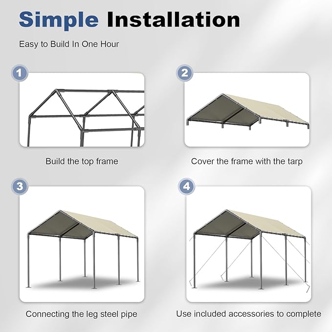 Grezone 10 x 20ft Heavy Duty Carport,Portable Car Tent Garage,All Season UV Resistant Car Canopy for Auto,Truck,Boat,Car (Beige)