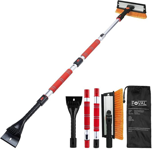 FOVAL 62.4" Extendable Ice Scraper Snow Brush with Squeegee for Windshield Window Car Trucks SUVs, 270° Pivoting Brush Head, Essential Winter Tool Ice Snow Remover with Comfortable Foam Grip