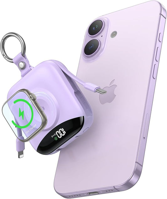 Portable Charger, 10000mAh 22.5W Fast Charging Power Bank with Built-in Cables, Travel Essential Battery Pack with LED Display, Keychain Battery Phone Charger for iPhone, iWatch 10/9/8/7/6/SE/5 Purple