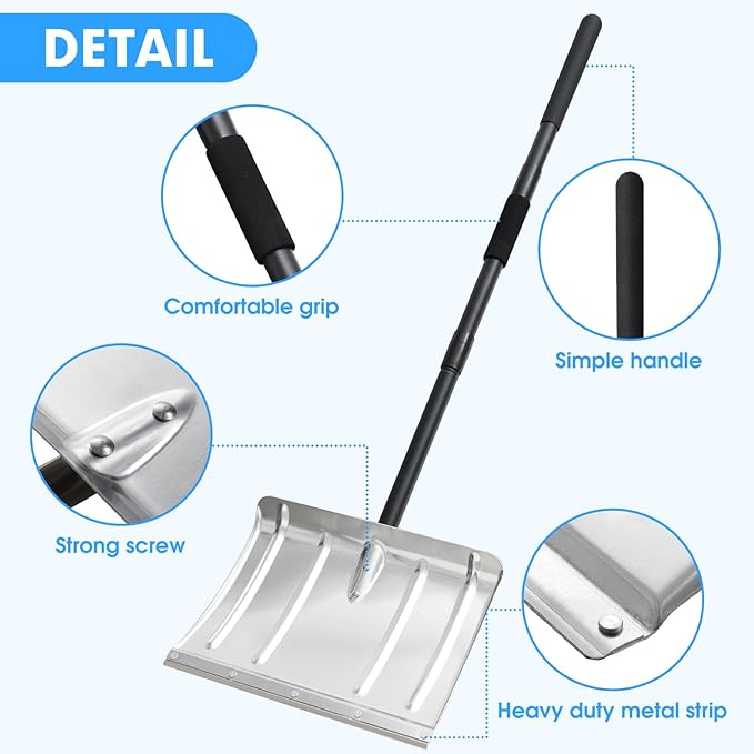 Snow Shovel for Driveway, 53/66 inches Aluminum Snow Removal Shovel Heavy Duty Metal Snow Shovels for Car Trunk Home Garage Garden