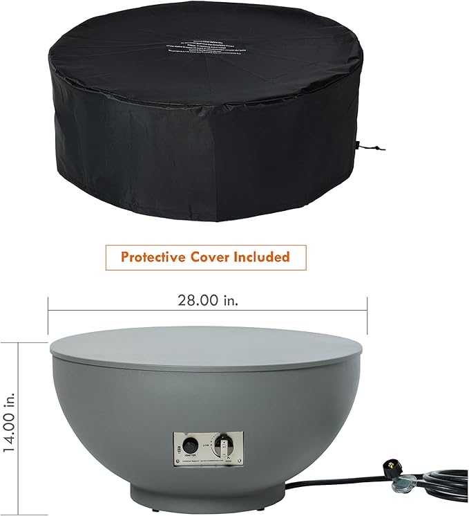 28-Inch Gas Fire Pit with Propane Tank Cover, 50,000 BTU Round Propane Fire Pit Table, Patio Fire Bowl Firepit with Lid, Lava Rocks, Cover, Pre-Attached 10FT Propane Hose, Gray