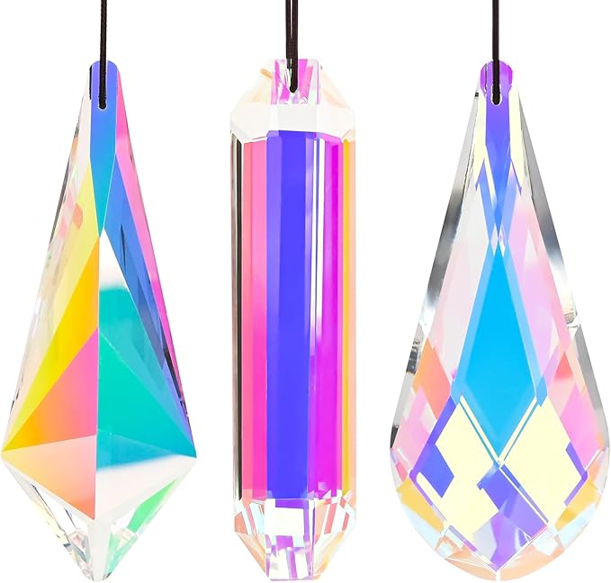 3PCS 5" Large Crystal Sun Catcher Prisms, AB Colored Hanging Suncatchers with Glass Prism, Rainbow Maker Light Catchers for Windows Garden Home Decoration