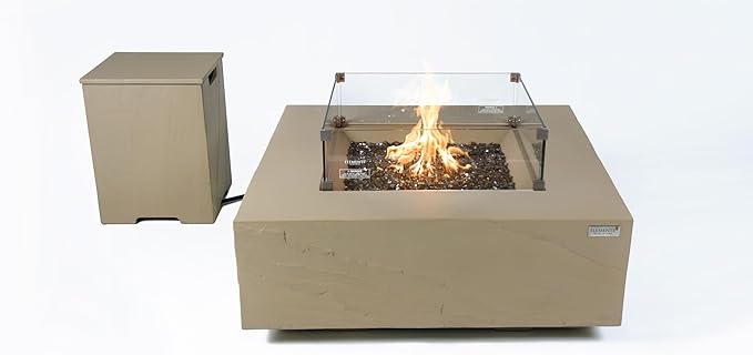 Elementi+ | Bundle Uluru Gas Fire Pit Cast Concrete 40" Square Fire Table, Outdoor Fire Pit Electronic Ignition | Canvas Cover, Fire Glass and Burner Lid Included | Sunlight Yellow | Propane Gas