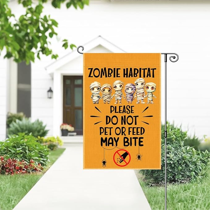 Zombies Habitat Please Do Not Pet Or Feed May Bite Garden Flag, Zombies Welcome Halloween Flag, Funny Skull Yard Sign for Outside, Spooky Season Outdoor Porch Lawn Fall Halloween Decor