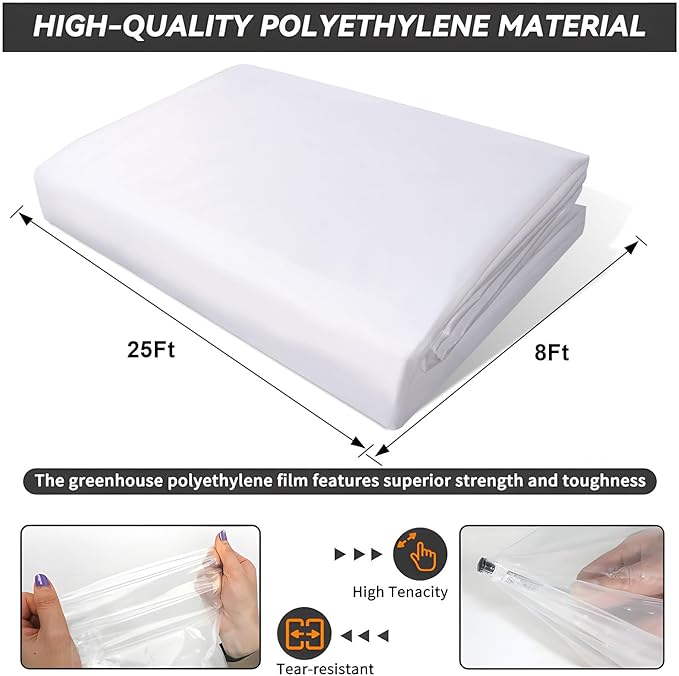 8x25 Ft Clear Greenhouse Film Plastic Sheeting, Greenhouse Polyethylene Plastic Film 6 mil Thickness Replacement Cover, UV Resistant, Plant Covers Freeze Protection for Windproof Frost& Dust Proof