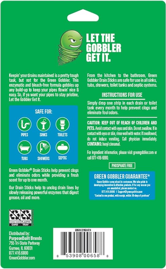 Green Gobbler Drain Cleaner and Deodorizer Sticks with Enzymes - Maintain a Clean Drain, Safe for Pipes and Septic Tanks, Use Monthly - 12 Pack