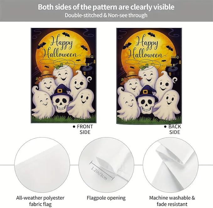 Halloween Garden Flag 12x18 Inch – Cute Ghosts and Pumpkin Skull Yard flag, Double Sided Happy Halloween Outdoor Decoration for Porch, Patio, Lawn, Garden, Birthday Party Décor