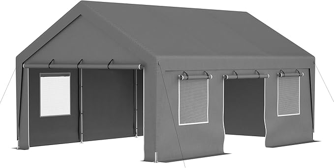 Carport 13x20ft Portable Garage Car Canopy Heavy Duty Car Port with Mesh Windows and Removable Sidewalls UV Resistant Waterproof All-Season Tarp for SUV,Boat,Car, Truck Gray