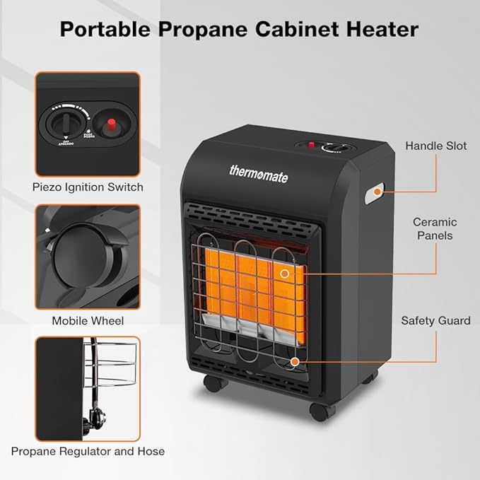 ThermoMate PHF18B Propane Heater 18000 BTU With ODS & Tip-over Protection, Outdoor LP Gas Heater for Patio, Garage, Camping, Shop - Heating Up to 450 Sq. Ft, Gas Regulator & Hose Included