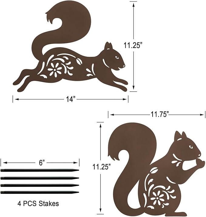 Metal Squirrel Yard Decor,Rusty Fall Statue for Outside,Set of 2 Squirrel Decorative Garden Stakes