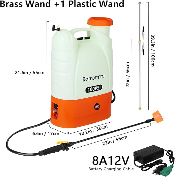 Battery Powered Backpack Sprayer 4 Gallon Lawn Garden Sprayer,100 PSI Adjustable Pressure with 8 Nozzles and 2 Wands, Weed Yard Sprayer for Lawn, Garden, Cleaning