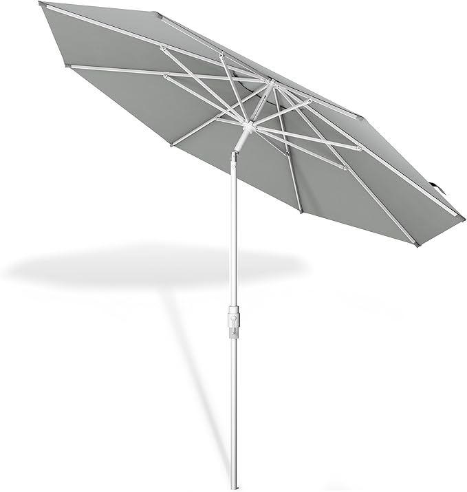 Midtown Umbrellas The Swilt 10 Feet Patio Umbrella in Terylast Matter (Grey) Polyester Fabric - Fiberglass Ribs, Auto-Tilt Aluminum Frame For Backyard, Deck, Garden, Pool - White Pole