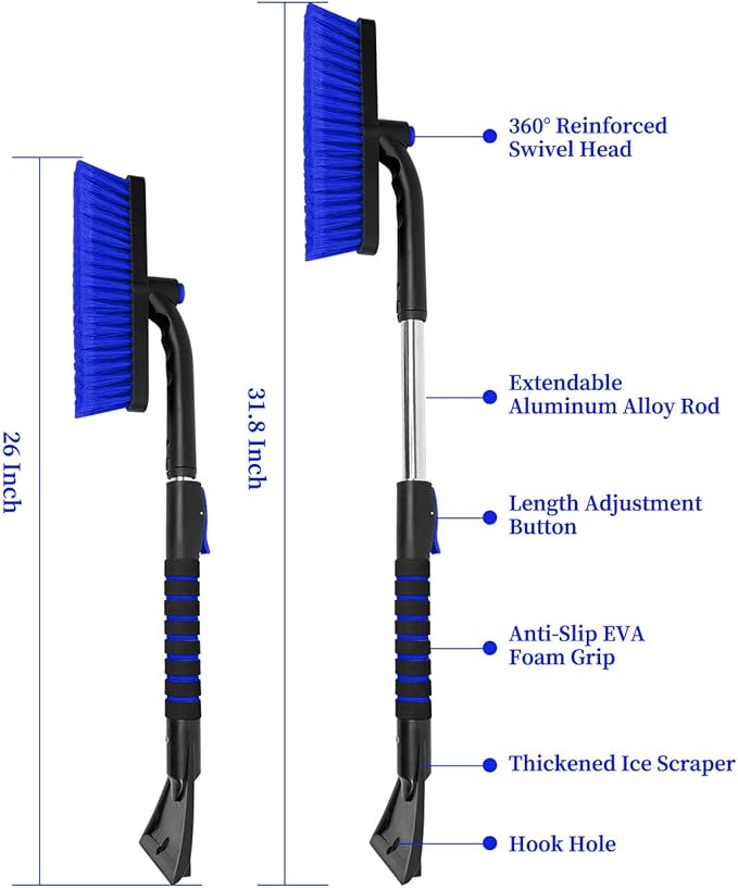 SEAAES Ice Scraper with Snow Brush for Car Windshield, Upgraded Extendable Snow Brush with Foam Grip for Truck SUV Vehicle Window - Blue