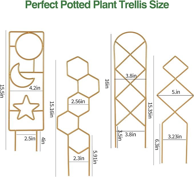 Small Trellis for Potted Plants, 15.94 inch Gold Metal Plant Trellis for Climbing Plants Indoor, Pant Lattice for Ivy Vines Hoya Houseplants Flower 4 Pack