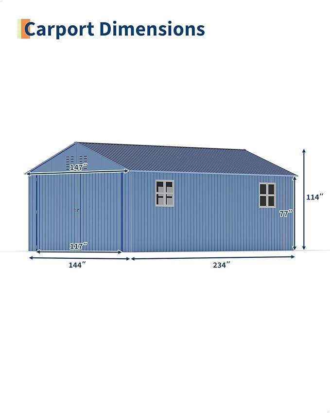 12x20 FT Metal Carport, Enclosed Car Port with Reinforced Frame and Steel Roof for All-Weather Use, Metal Garage Shed for Full-Sized Pickup Trucks