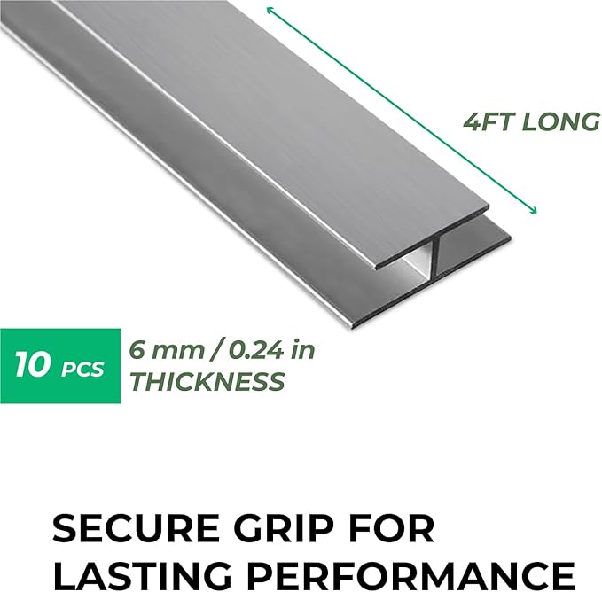 Aluminum H Connectors - Fits 4mm, 6mm, 8mm, or 10mm Twin-Wall Greenhouse Panels, Join 2 Pieces of Panels Together, 4-Foot Length, 10 Pieces (6mm Aluminum H Connectors)