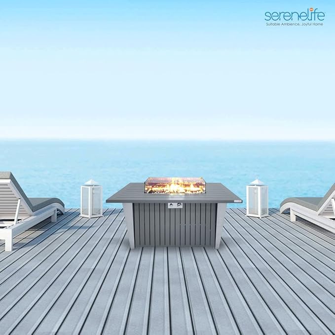 SereneLife Outdoor Propane Fire Pit Table - CSA/ETL Certified 50,000 BTU Pulse Ignition Weatherproof Rectangle Propane Gas Fire Table w/Adjustable Flame - Glass Rocks Wind Guard, Black SLFPSX55