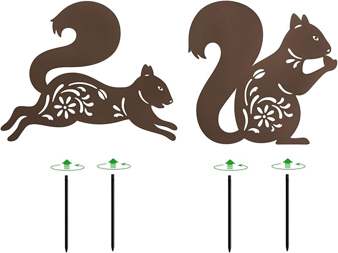 Metal Squirrel Yard Decor,Rusty Fall Statue for Outside,Set of 2 Squirrel Decorative Garden Stakes