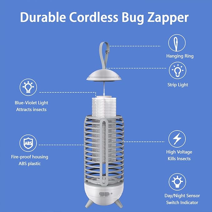 Bug Zapper Outdoor Rechargeable 2 in 1 Wireless Mosquito Killer Lamp 2500mAh Electric Trap Ideal Bug Zapper Indoor for Patio, Home, Backyard, Yard, Garden, Campsite (White)