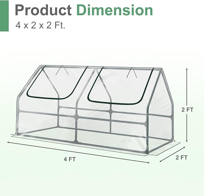 Aoodor 4 x 2 x 2 ft Mini Greenhouse with 2 Zipper Doors, Water Resistant, UV Protected for Flowers, Vegetables and Herbs, Transparent
