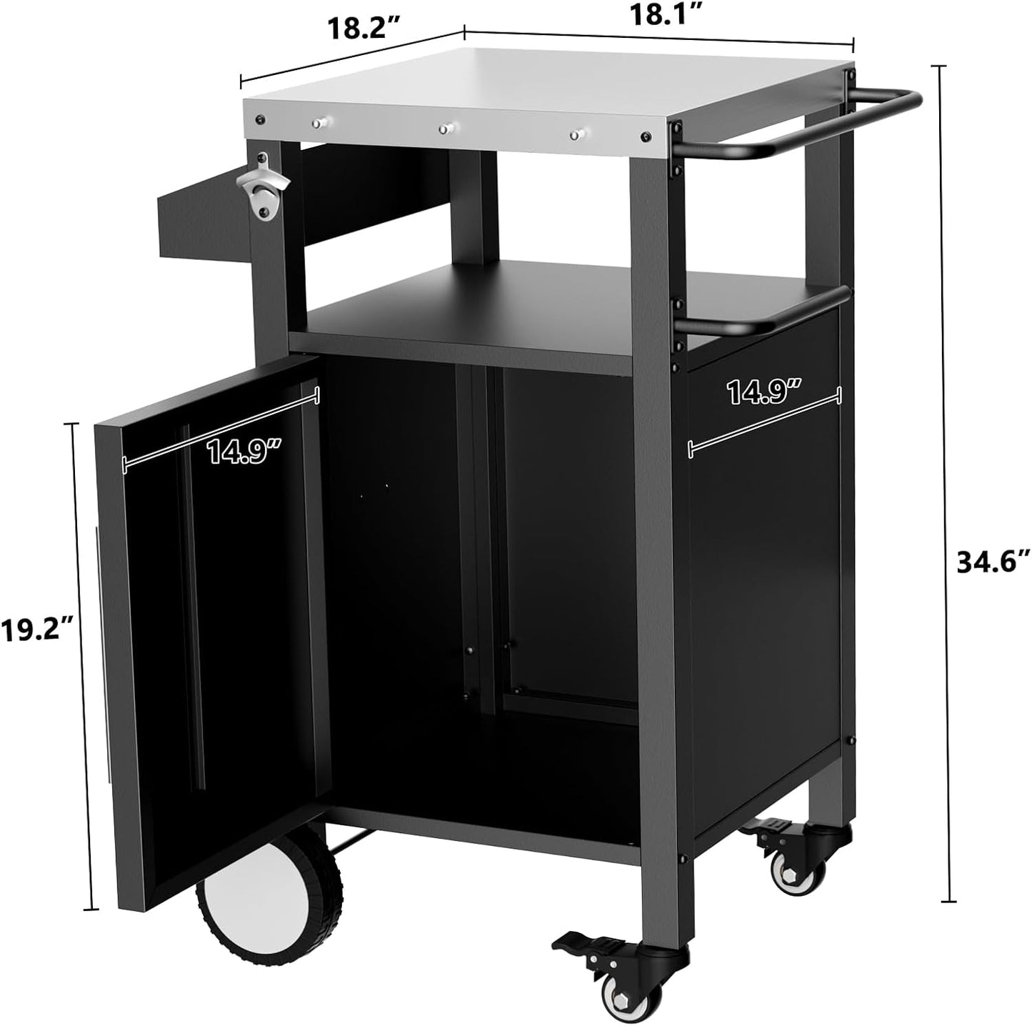 Outdoor Grill Cart with Patio Furniture, Outdoor Grill Table with Storage,Rolling Bar Cart Outdoor BBQ Cart with Hooks and Spice Rack for Grilling Accessories(Single Door, Black)