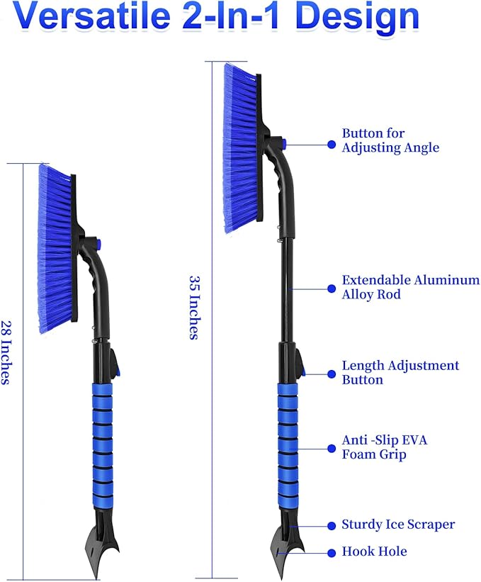 SEAAES 35 Inch Ice Scraper and Snow Brush for Car Windshield, Extendable Snow Scraper Brush with Foam Grip for Truck SUV Vehicle Window - Blue