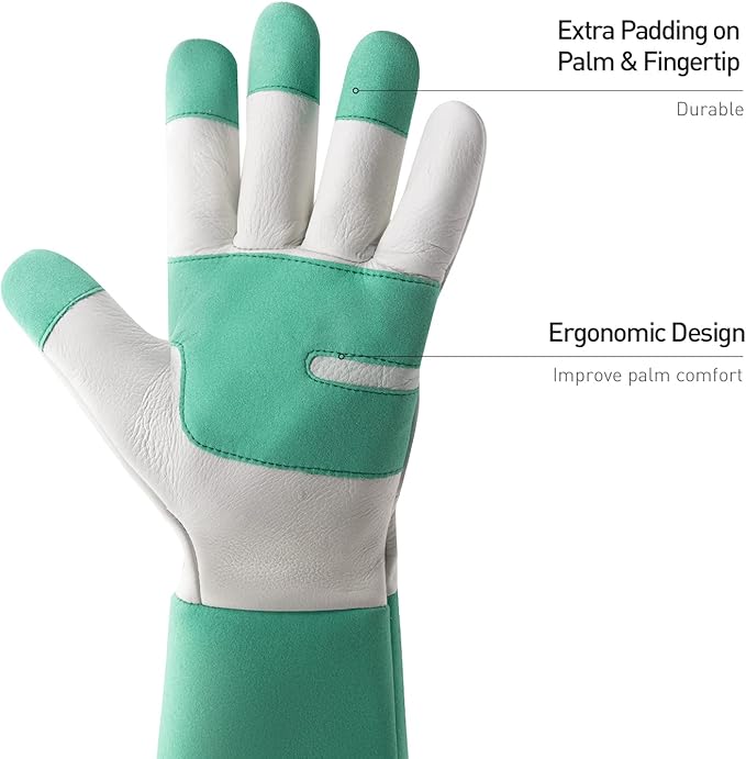 HANDLANDY Long Gardening Gloves for Men & Women, Thorn Proof Rose Pruning Gloves Leather Gauntlets Garden Glove Yard Work Glove (Large, Green)