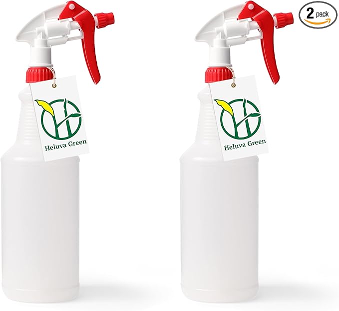Heavy Duty 32oz Plastic Spray Bottles for Cleaning - Large Empty Industrial Bottles for Gardening Solutions, Vinegar, Chemicals, Professional Cleaners - Adjustable Sprayer Nozzle - Red 2 Pack