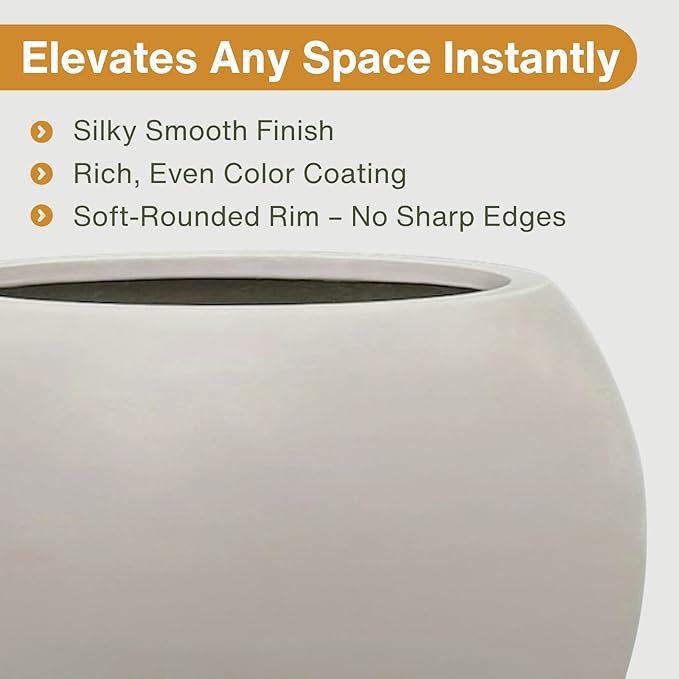 16" H x 20" D Globo Fiberstone Round Planter with Drainage Hole, Weather Resistant, Smooth Finish, Planters for Indoor Plants & Outdoor, 2 Extra Coco Mats (Taupe, 13.5" Pot Opening)