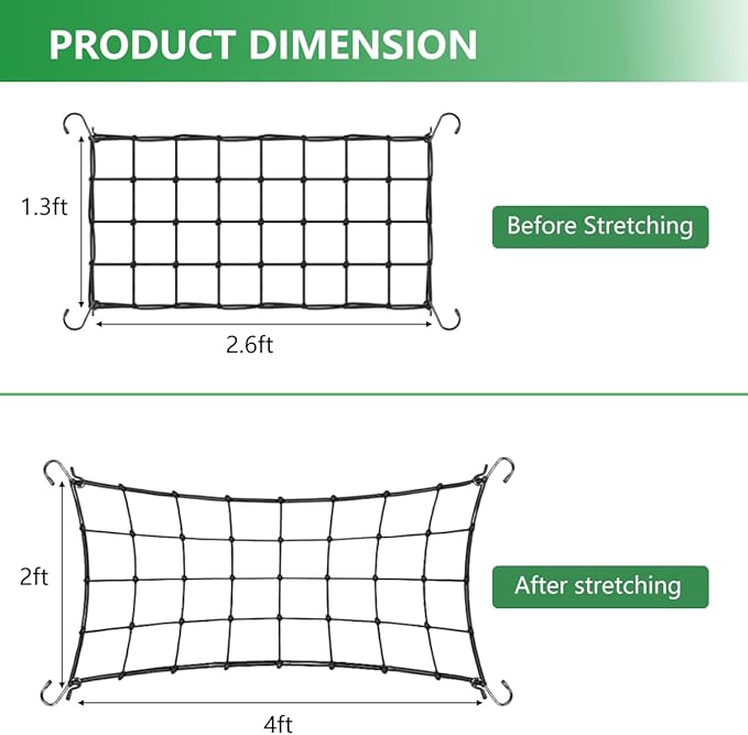 2x4FT Elastic Trellis Netting, Heavy-Duty Polyethylene Garden Netting with 4 Hooks, Black, Rectangular