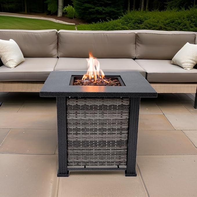 Adana Propane Fire Pit Table 28” Outdoor Firepit 50,000 BTU Firepits for Outside with Lava Rocks and Removable Lid Metal Fire Pit Outdoor Fireplace Propane Fire Pits for Outside CSA Certified