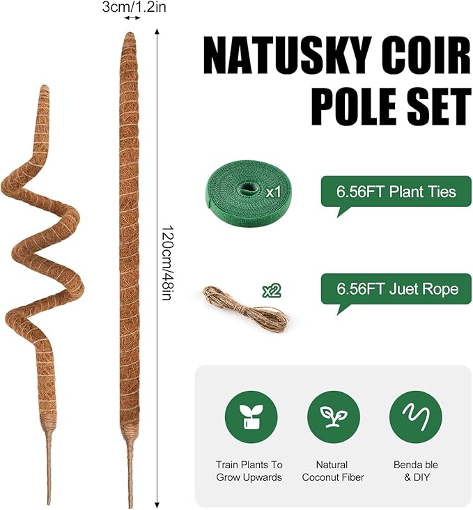 2 Pack Moss Pole, 48 Inch Bendable Moss Poles for Plants Monstera for Climbing Plants, Handmade Coco Coir Pole Plant Sticks Support Stakes for Indoor Plants to Grow Upwards